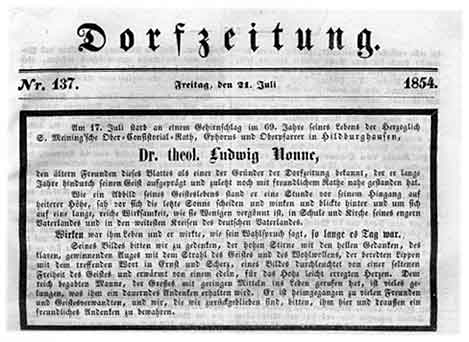 Todesanzeige in der „Dorfzeitung“ am 21. Juli 1854